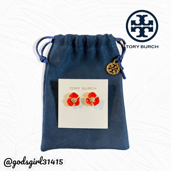 New Tory Burch Fleur Logo Flower Studs Post Earrings Red/Gold - Picture 3 of 7